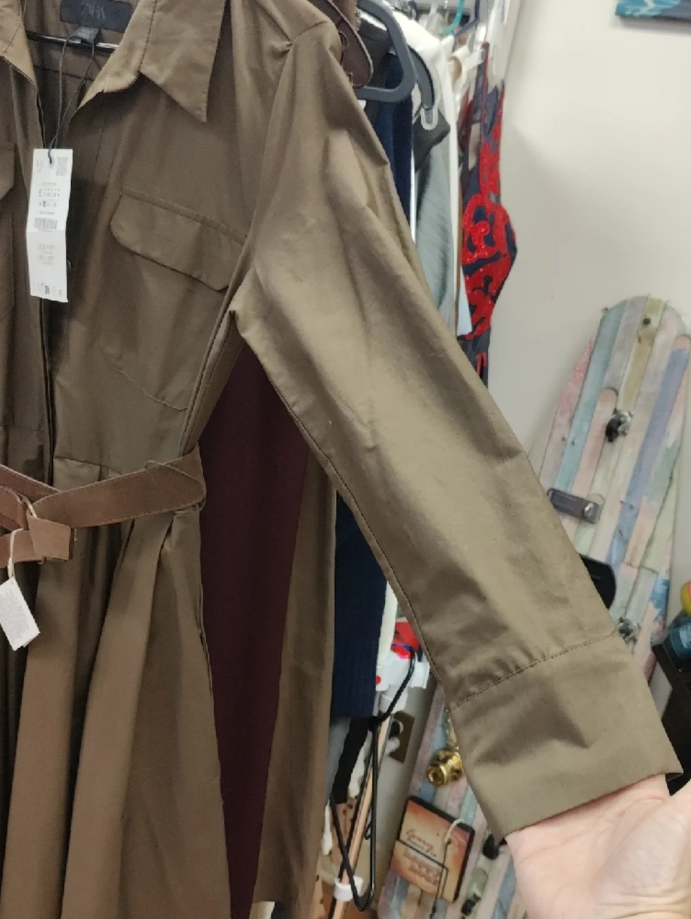 Zara Brown Long-Sleeve Belted Shirt Dress - Picture 6 of 9